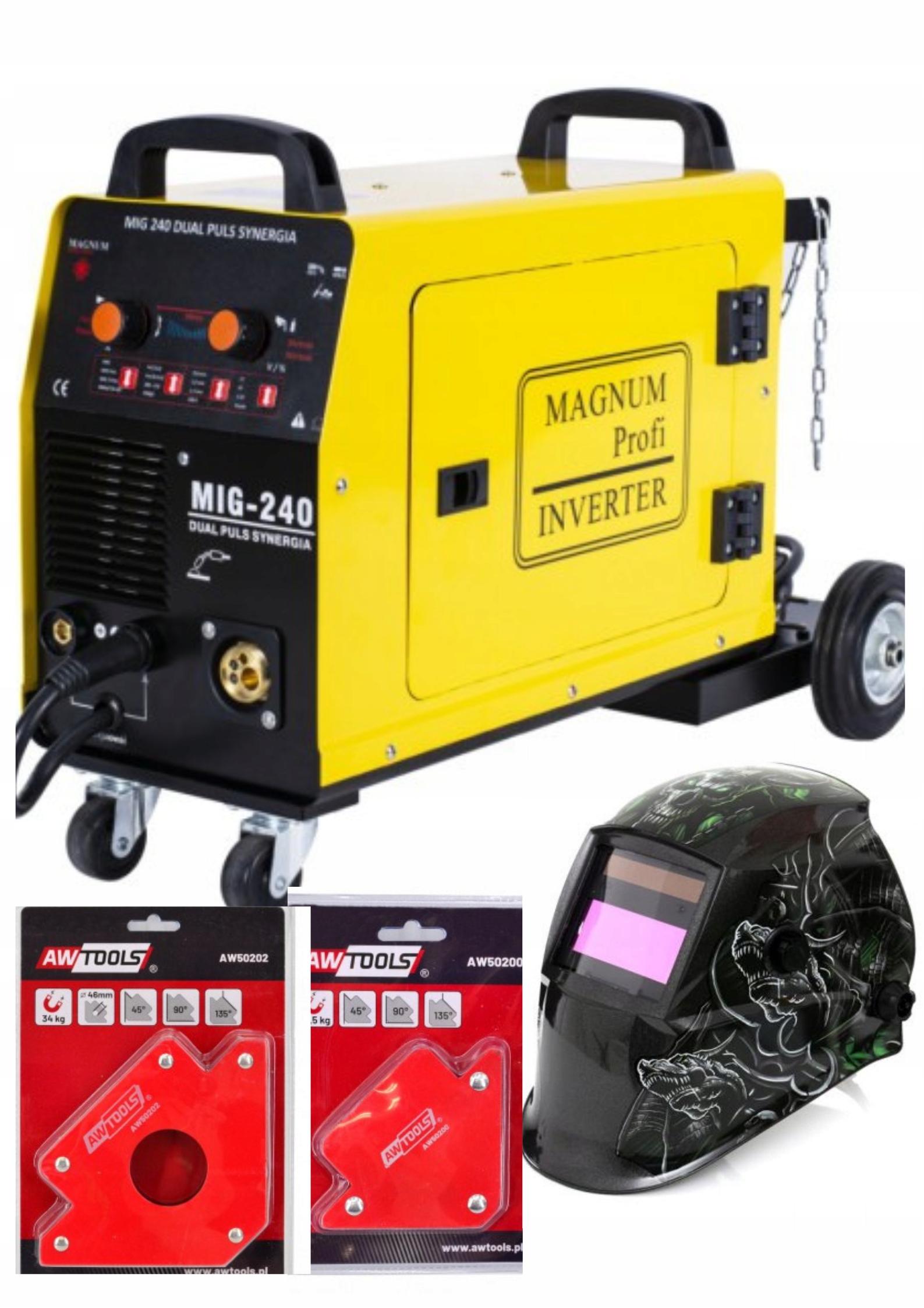 Spawarka Migomat Magnum Mig 240 Dual Puls Synergia Led+kątowniki+przyłbica
