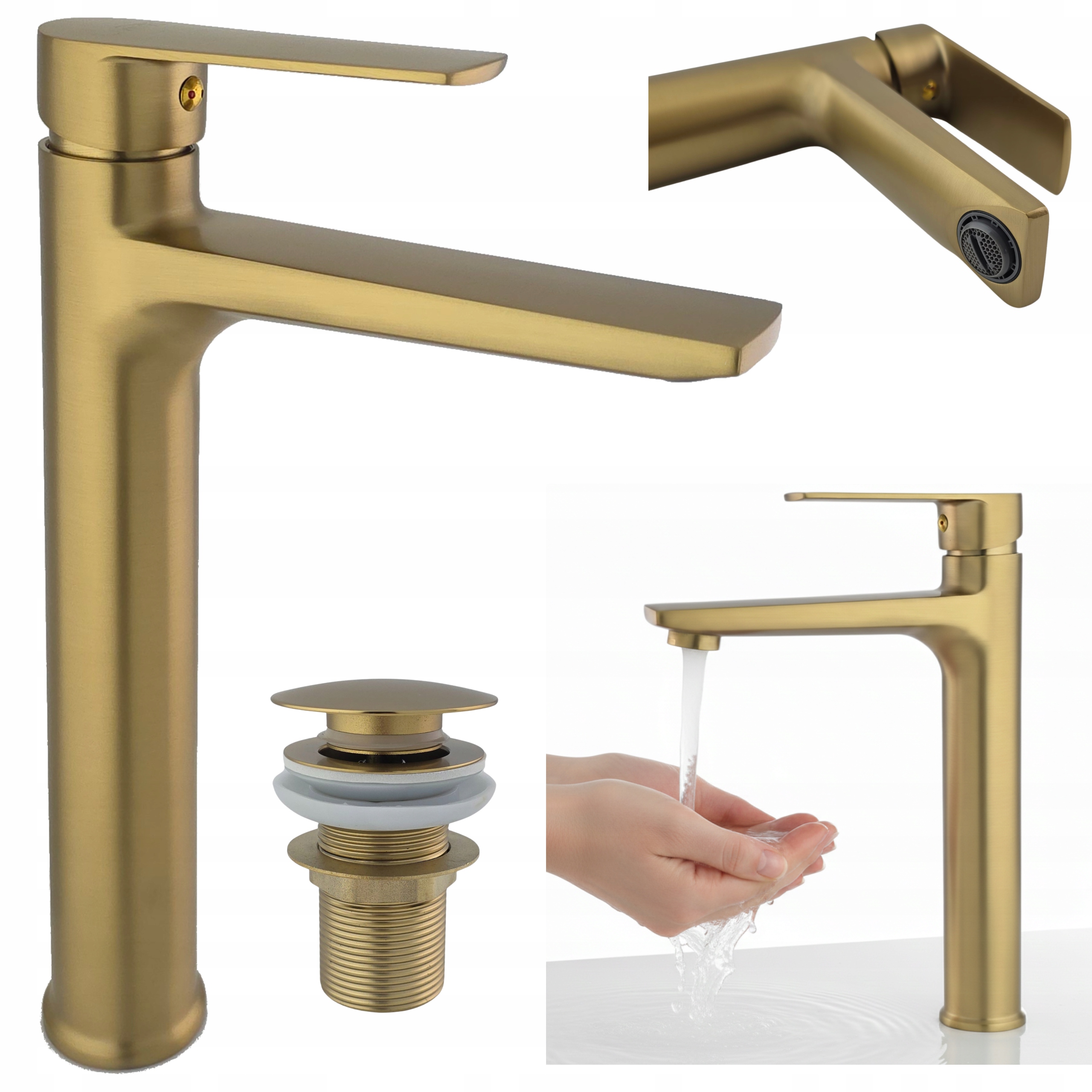 Bateria Umywalkowa Nablatowa\ Stojąca Złoto Szczotkowane Szybki Montaż