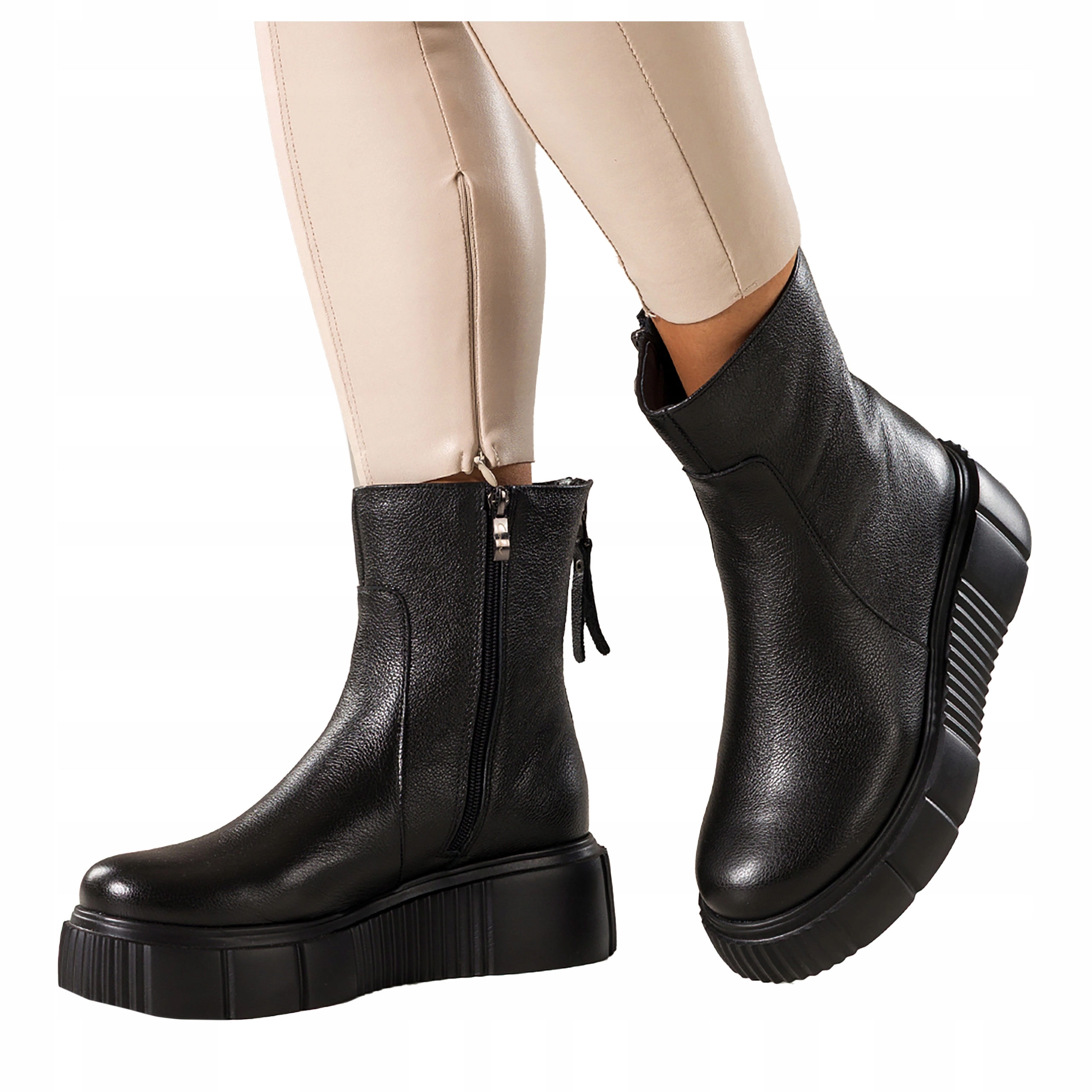 Kotníkové Boty Černé Dámské Kožené Ozdobný zip Pohodlné Platforma Modne r 39