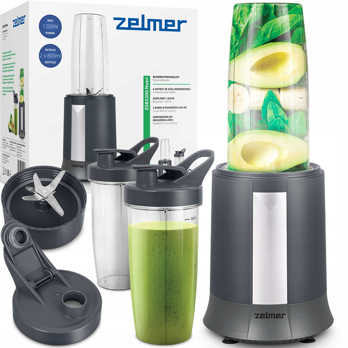 Blender Kielichowy Personalny Zelmer Do Koktajli Kruszy Lód 2 Butelki 1200W