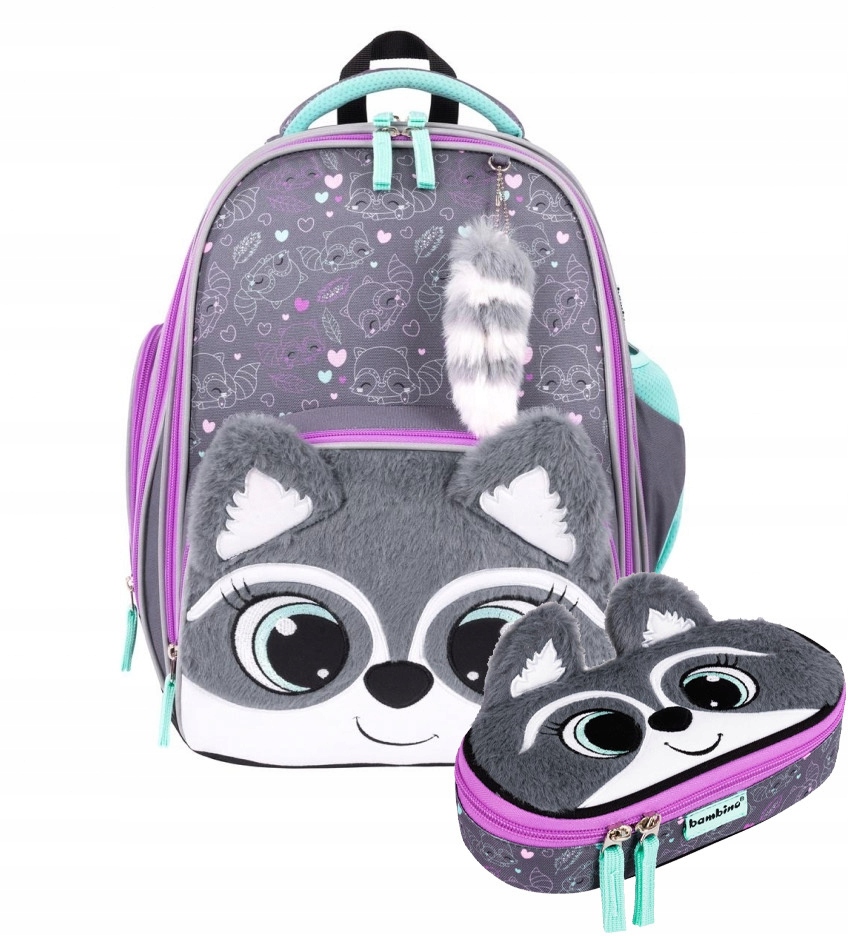 Plecak Bambino Racoon Szop Premium Piórnik Zestaw dla dziewczynki kl 1-3