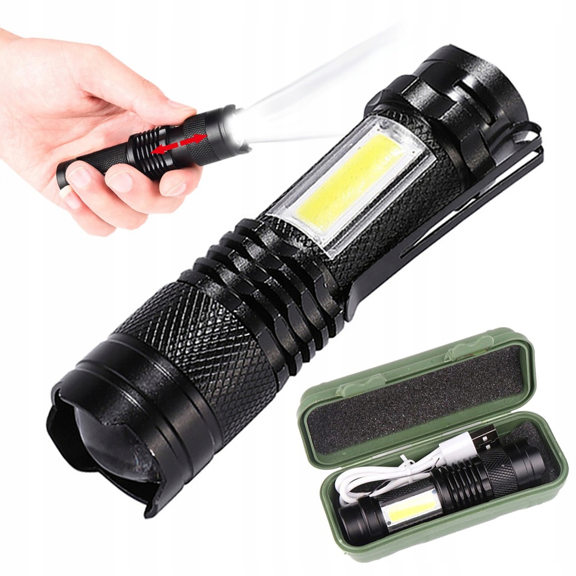 Latarka Taktyczna Zoom Lampka Cob Led Wojskowa Akumulatorowa Usb Etui V4