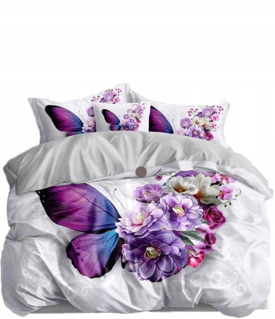 Pościel Fioletowy motyl kwiaty biała/szara 160x200 3 części