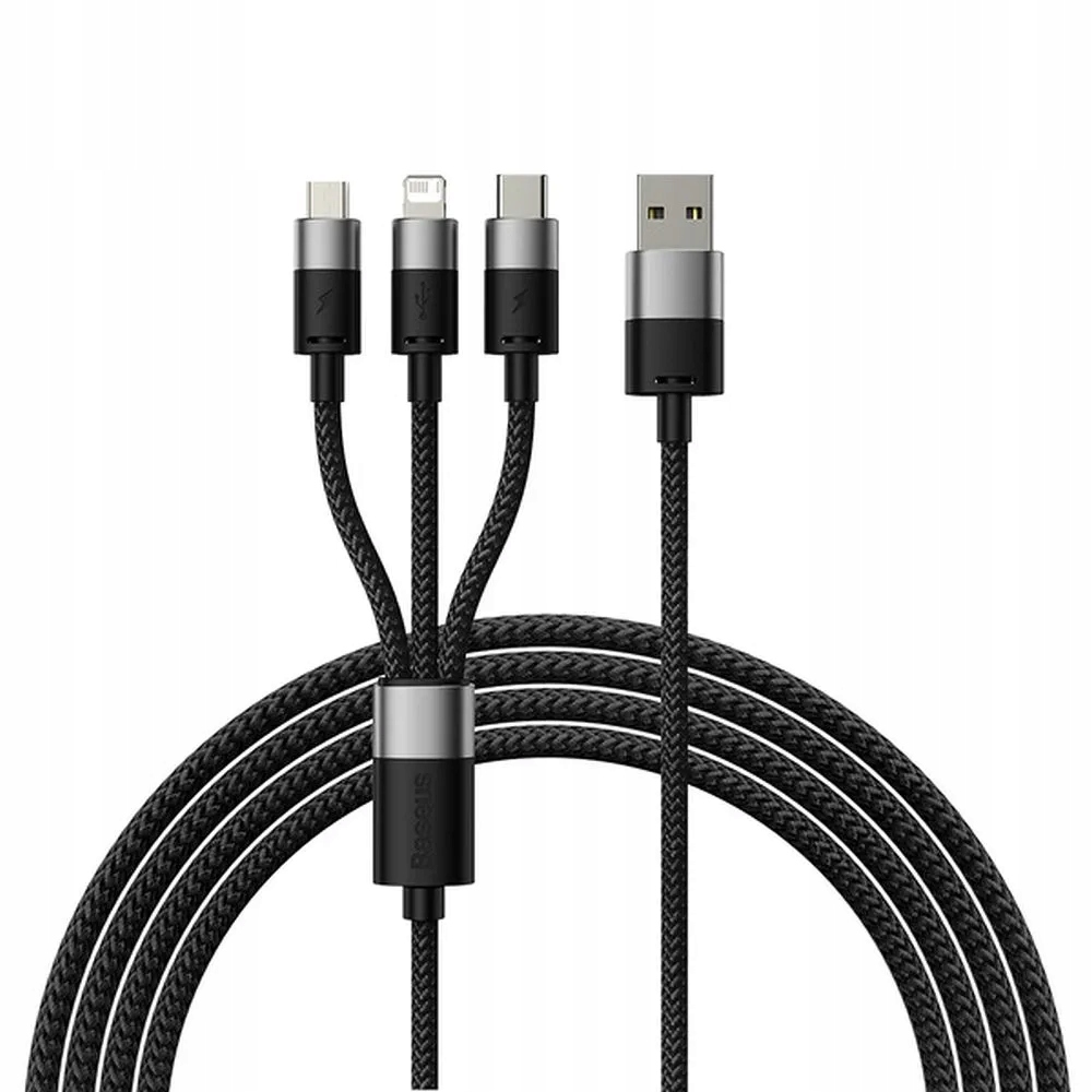Baseus kabel 3w1 Usb A do Micro Usb Lightning Typ C 3,5A 1,2 m czarny