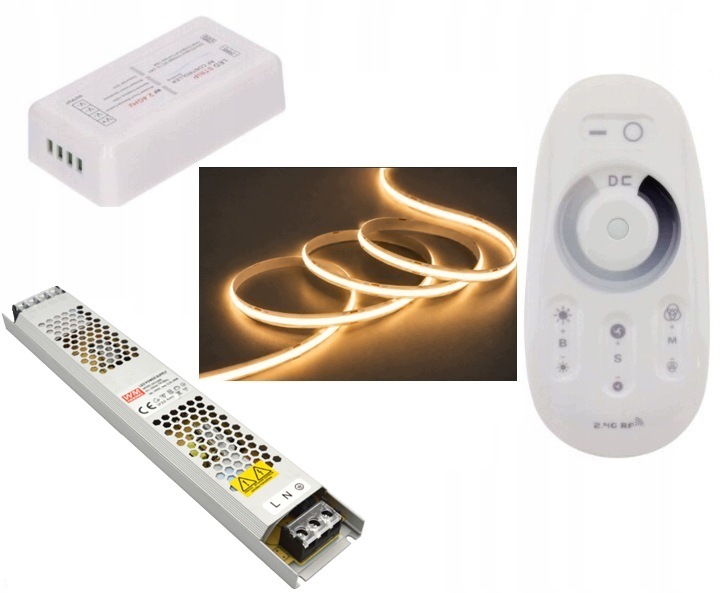 Zestaw 24m Taśma Cob 11 520 Led Biały Ciepły 3000K Pilot Rf Zasilacz 24V