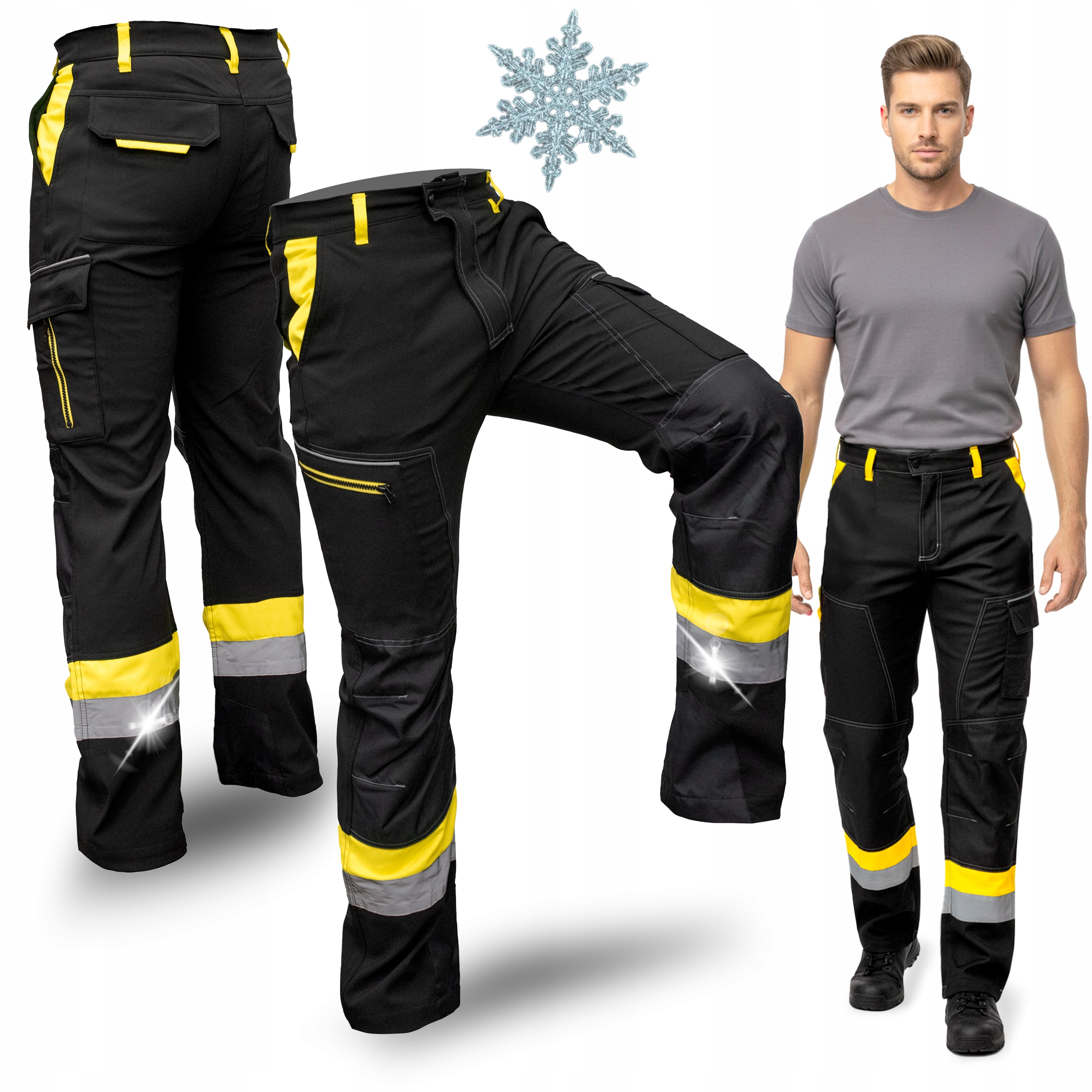 Spodnie Robocze Męskie Ocieplane Bojówki Odblaskowe Zimowe Elastyczne