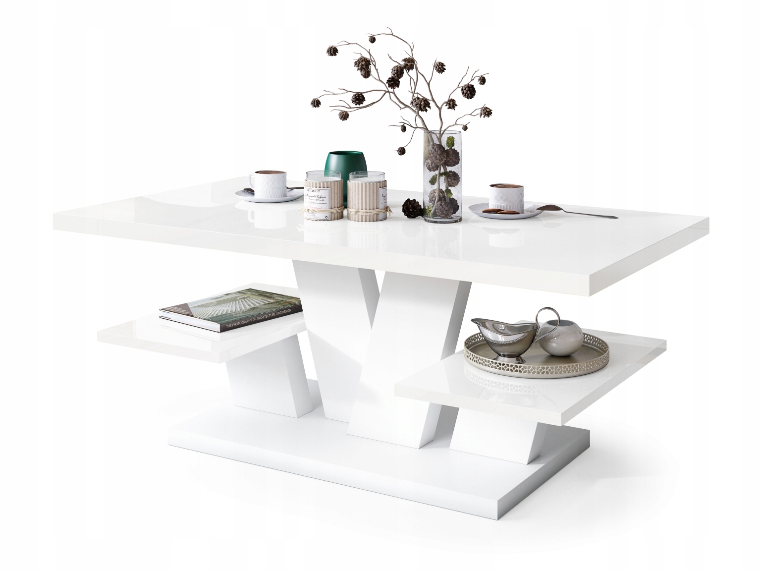 VIVA белый глянцевый / скамья журнальный столик с полками