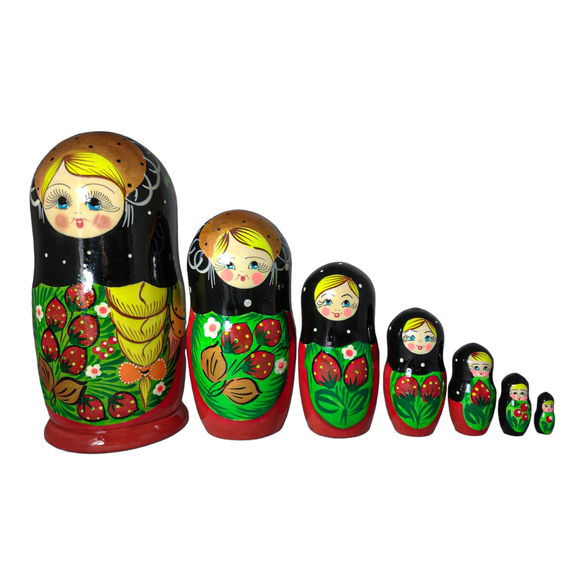 Dřevěná panenka Matrjoška Babuška 7v1 20 cm rečně malované jahody