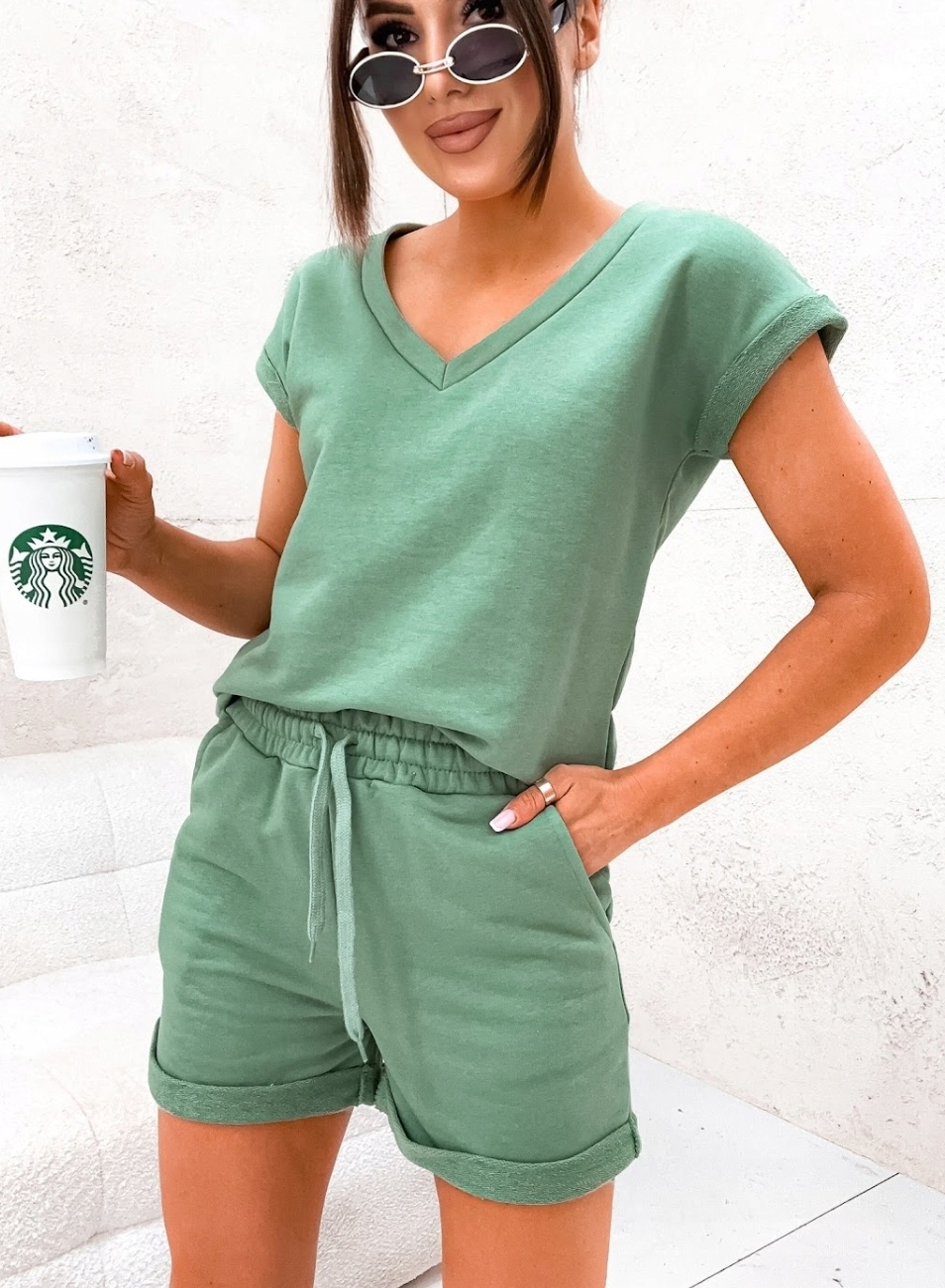 KOMPLET DRESOWY BAWEŁNIANY LETNI KOSZULKA T-SHIRT SZORTY KHAKI PREMIUM M Rozmiar M