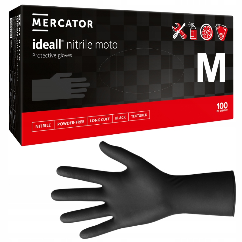 Rękawiczki nitrylowe CZARNE MERCATOR ideall MOTO BLACK mocne 100 szt. r.M EAN (GTIN) 5906615997177