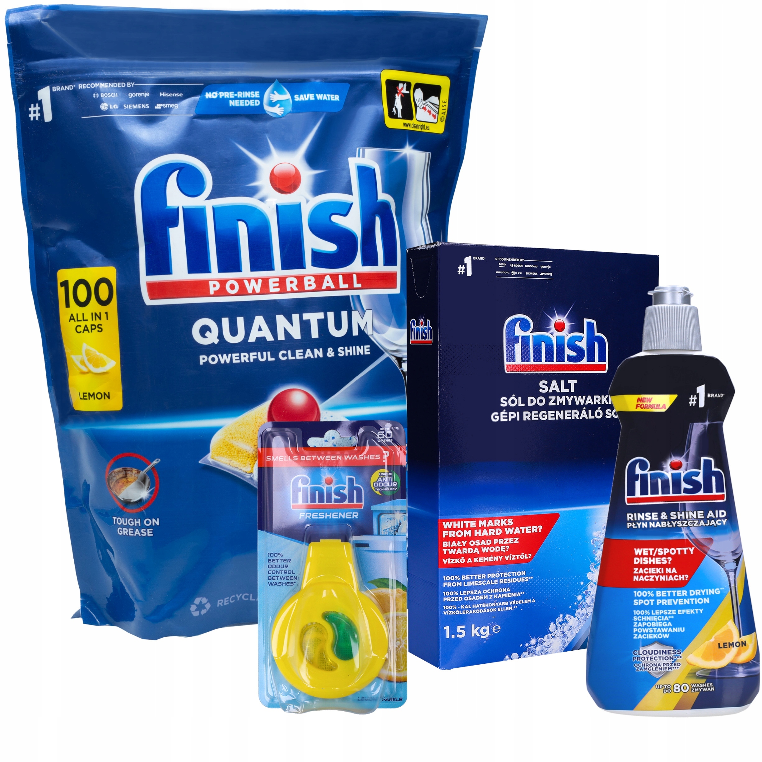 Levně Sada Finish do myčky na nádobí Kapsle 100 ks Sůl Leštidlo Vůně Lemon