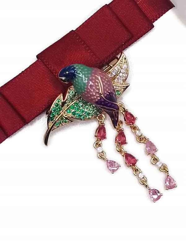 Luxusní Brož S Ptákem A Papouškem, Třásní, 14K Zlato Dárek Krabička