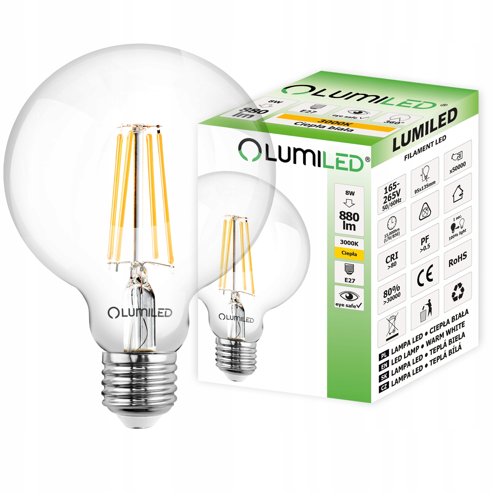 

Żarówka Led E27 G95 Filament 8W Globe Lumiled