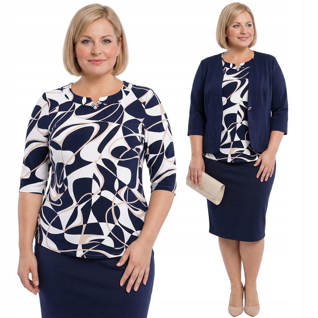 Tmavě modrá béžovo-bílá halenka s plus size vzorem velikost 58