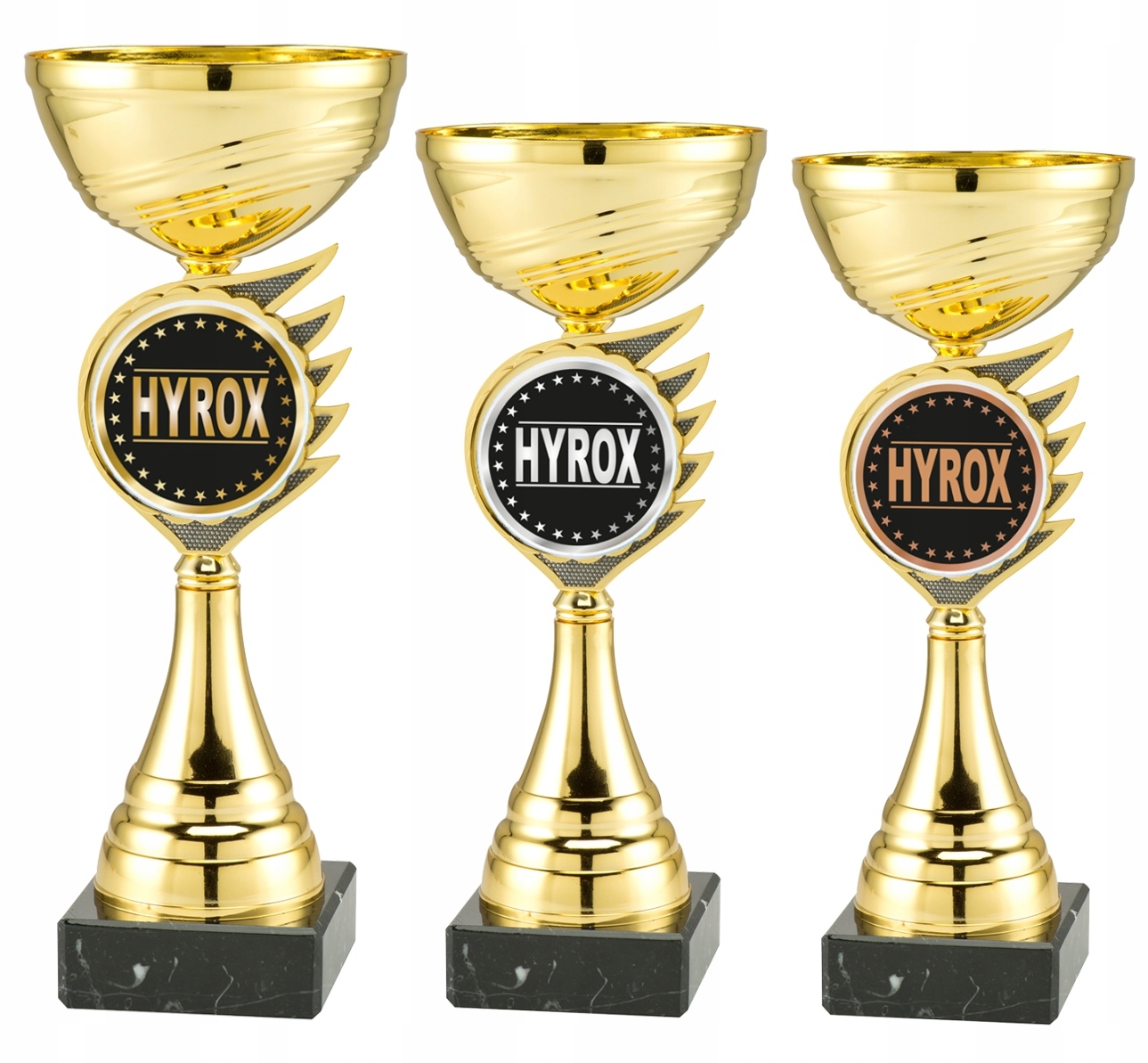 Poháry Hyrox komplet sportovních pohárů s popisem 33, 30, 29 cm, emblém