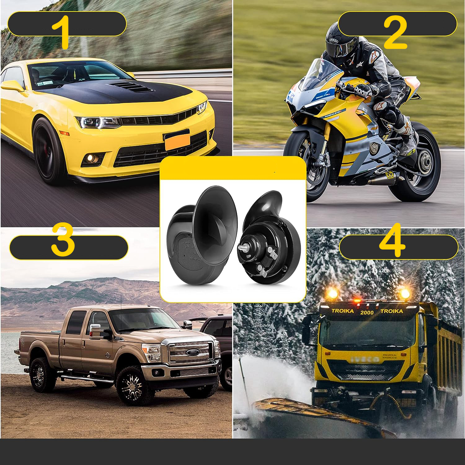 2x MOCNY KLAKSON 12V Ślimak Sygnał Dźwiękowy do samochodu motocykla FANFARA Typ samochodu 4x4/SUV Autobusy Samochody ciężarowe Samochody dostawcze Samochody kempingowe Samochody osobowe