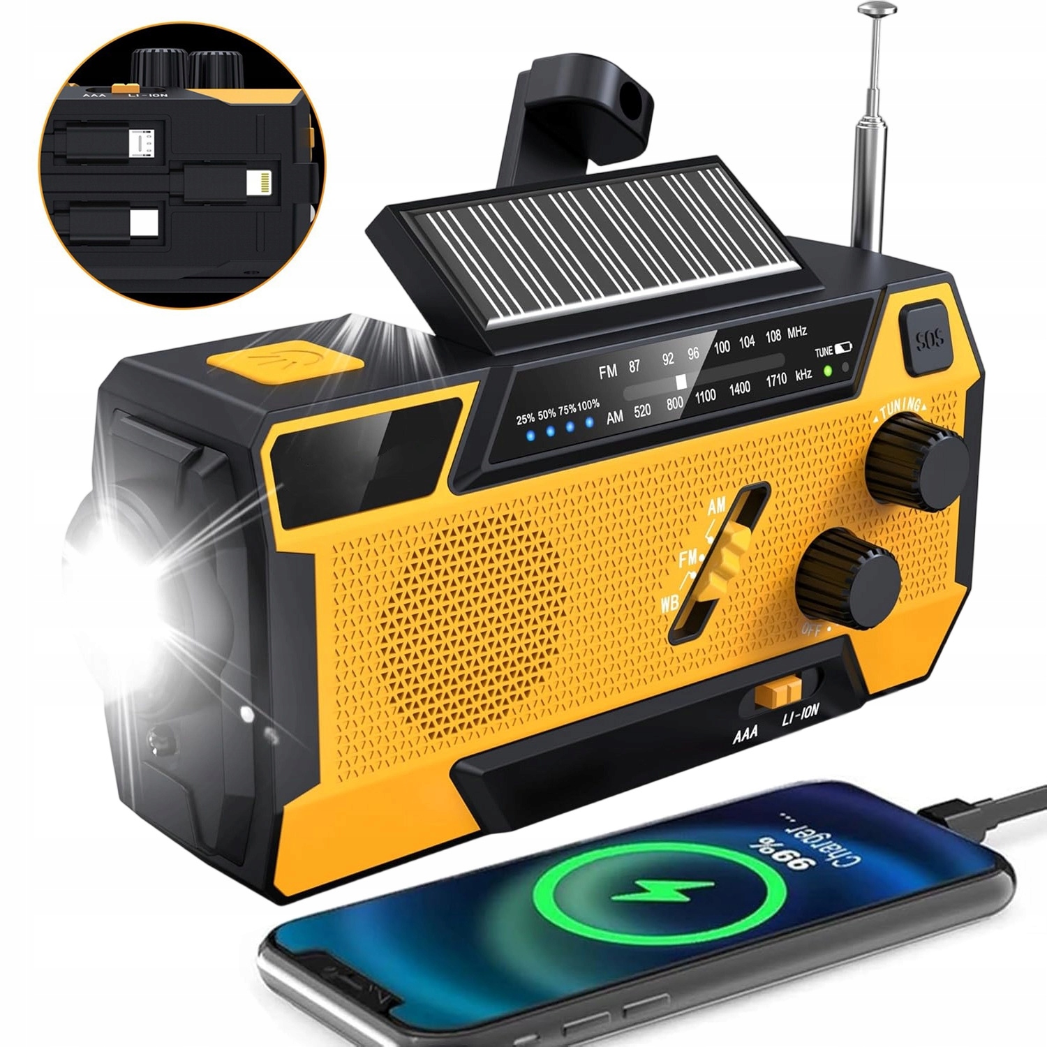 Přenosné Nouzové Rádio Solární Klika Powerbanka Svítilna Omáčka 2000MAH Fm/am