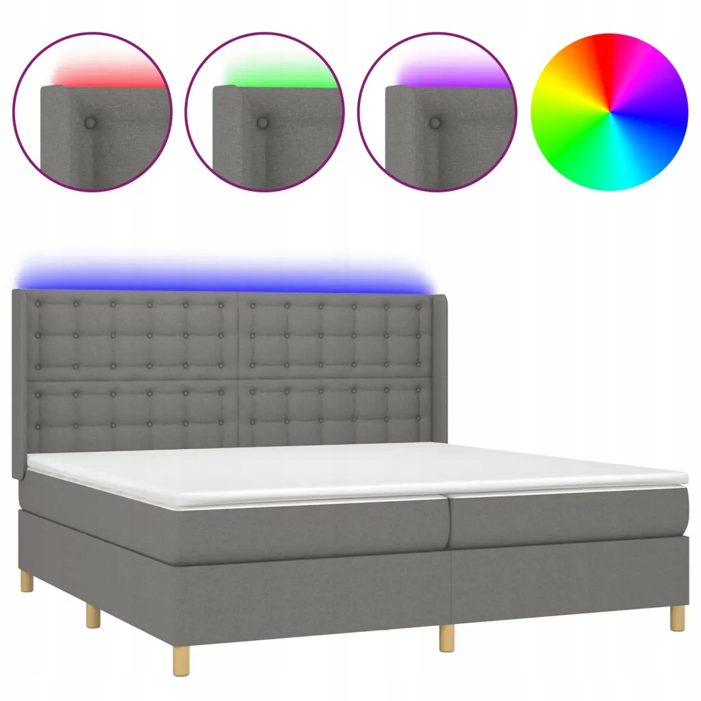 Kontinentální postel s matrací a Led diodami 203x203x118/128 cm tmavě šedá