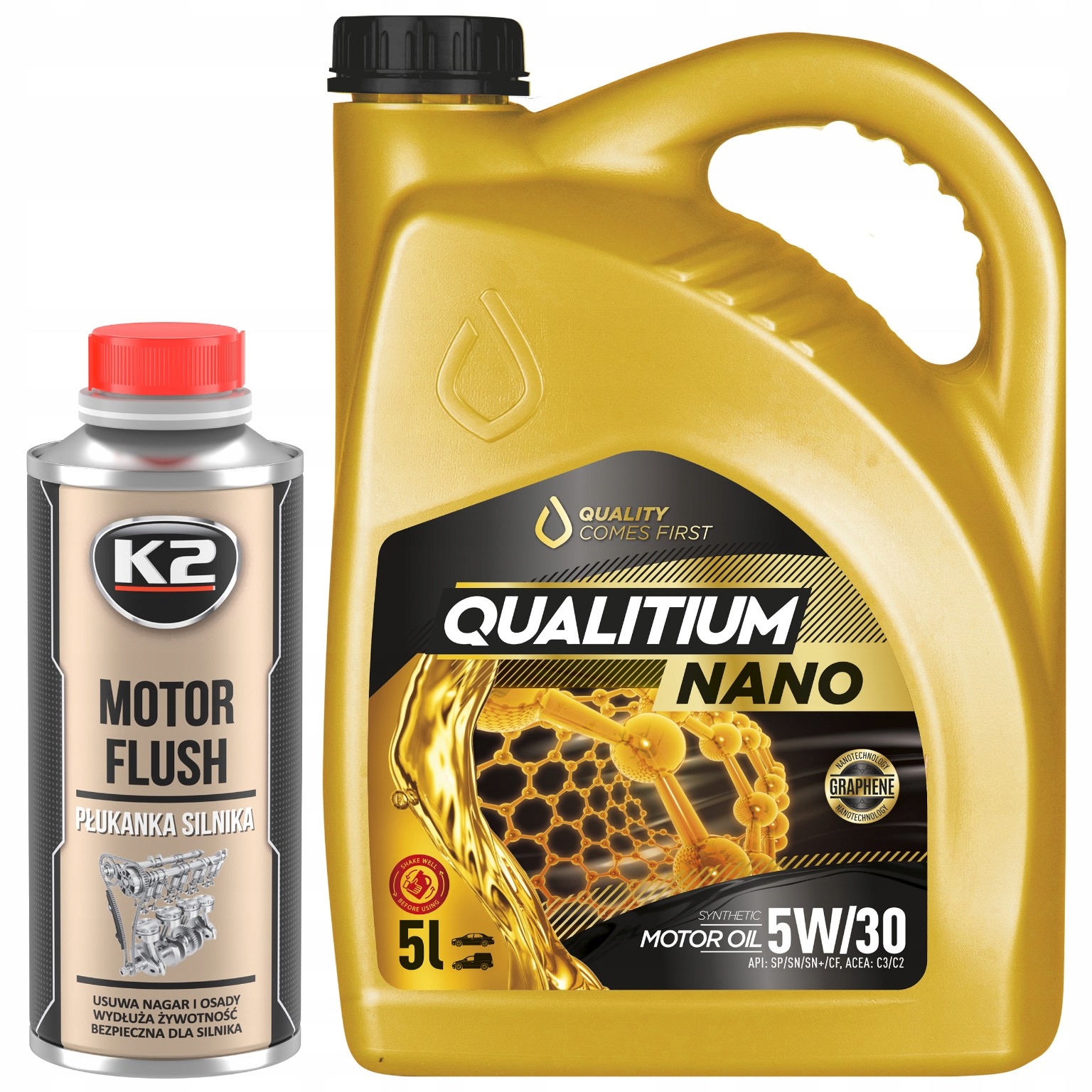 Olej silnikowy Qualitium Nano 5w30 5L z grafenem Płukanka silnika 250ml