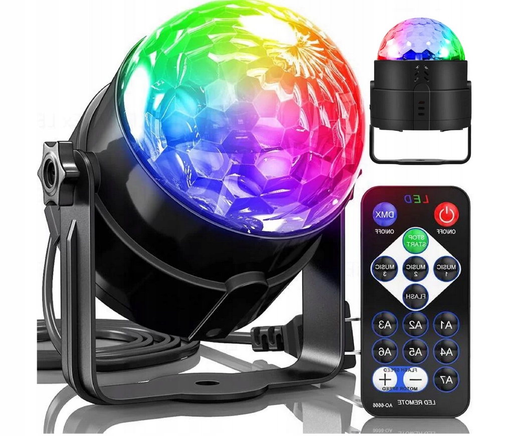 PROJEKTOR DYSKOTEKOWY KULA DISCO OBROTOWA LASER REFLEKTOR LED RGB + PILOT