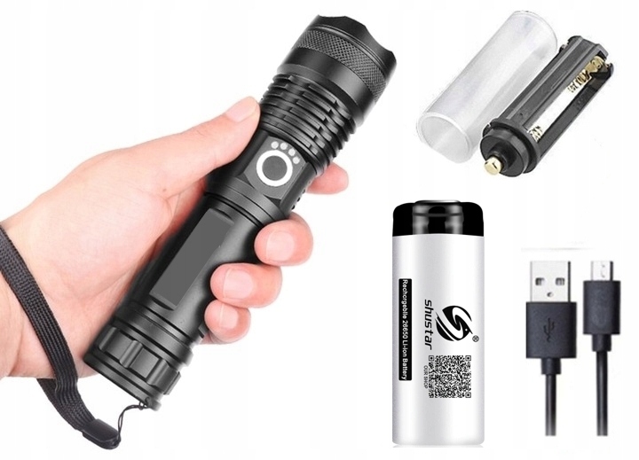 

Mocna Latarka Cree XHP50 ładowanie Usb aku 26650