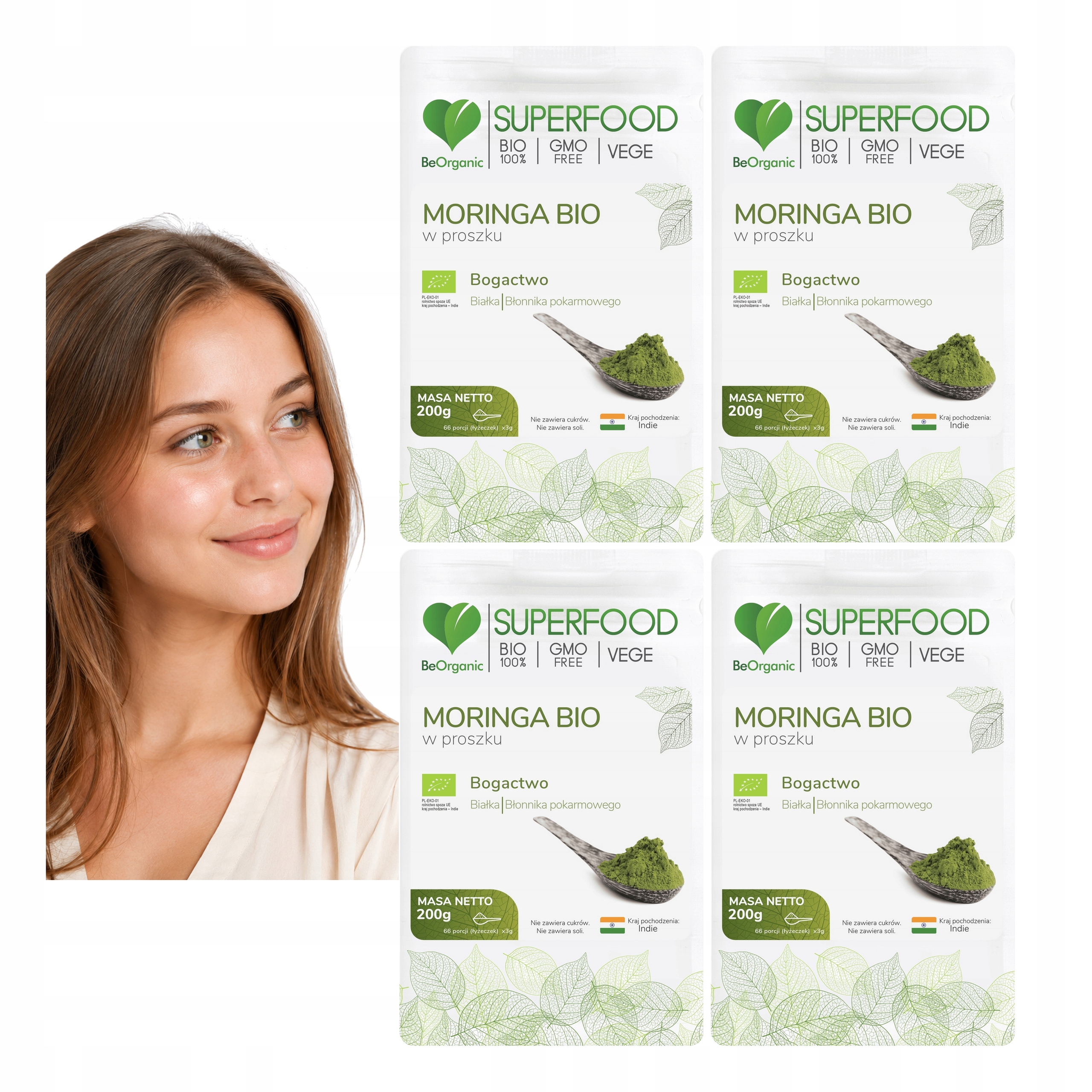 Liście Moringi Bio Beorganic Proszek 200 G 100% Białko 23,5 G Błonnik 4x