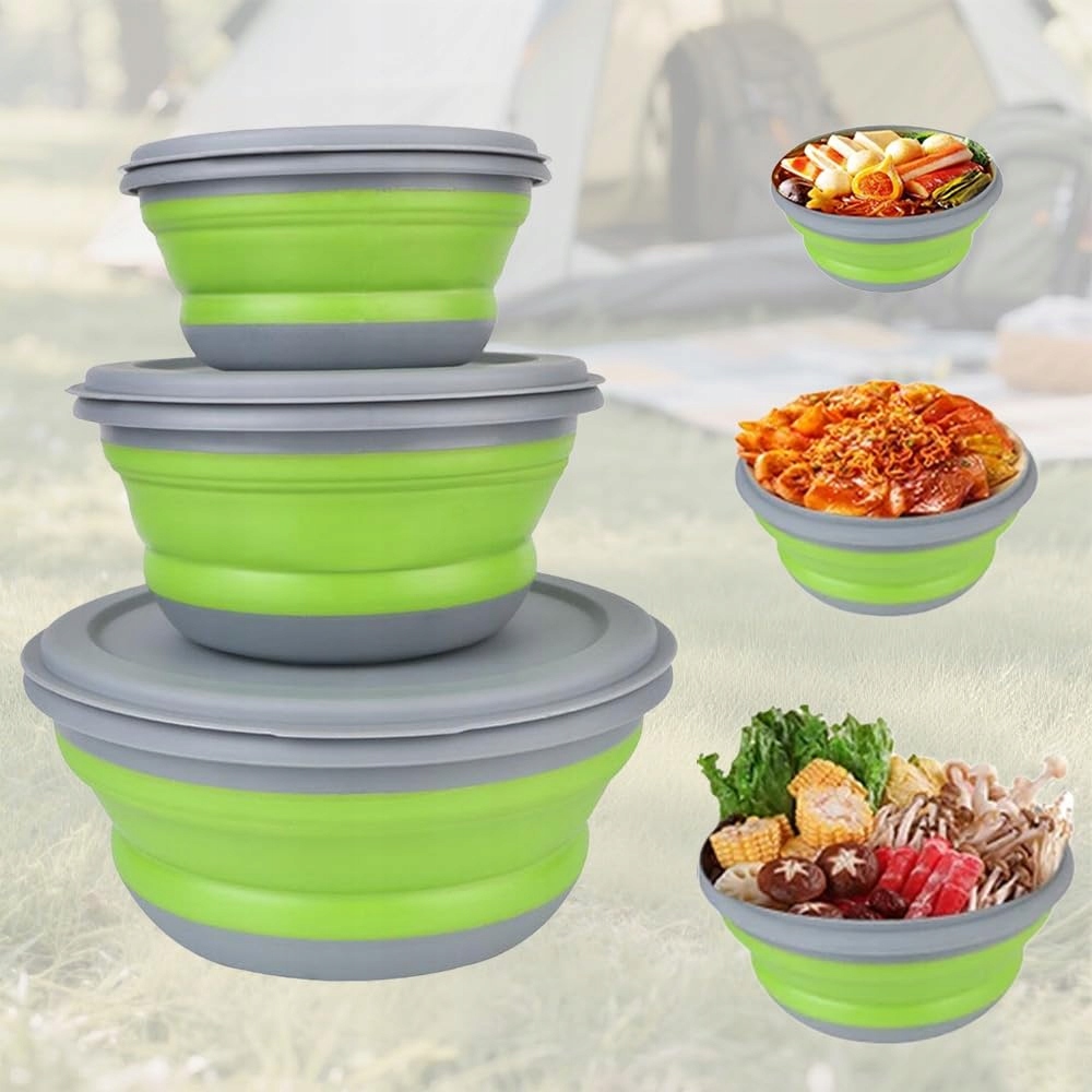 Komoke Sada 3 skládacích misek pro kempování v domě 15 cm 20 cm 25 cm Zelená