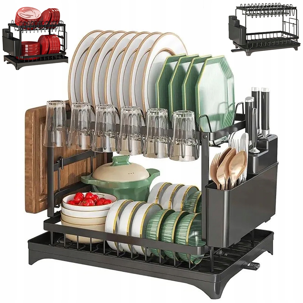 Levně Stojící Odkapávač Na Nádobí Dvouúrovňová Velký Černý Odkapávač Na Nádobí
