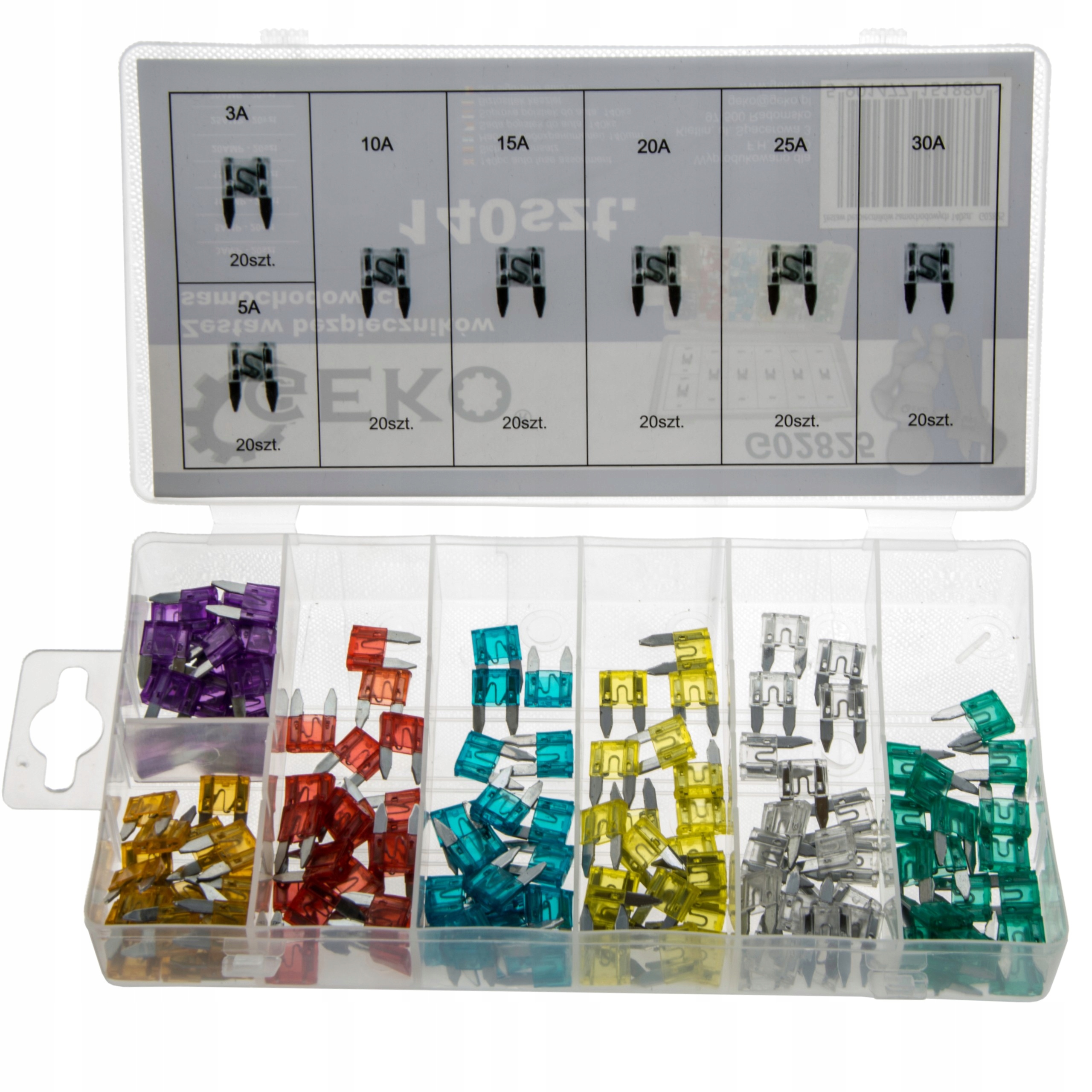 ZESTAW BEZPIECZNIKI SAMOCHODOWE 140 SZTUK 3A-30A Producent części Geko