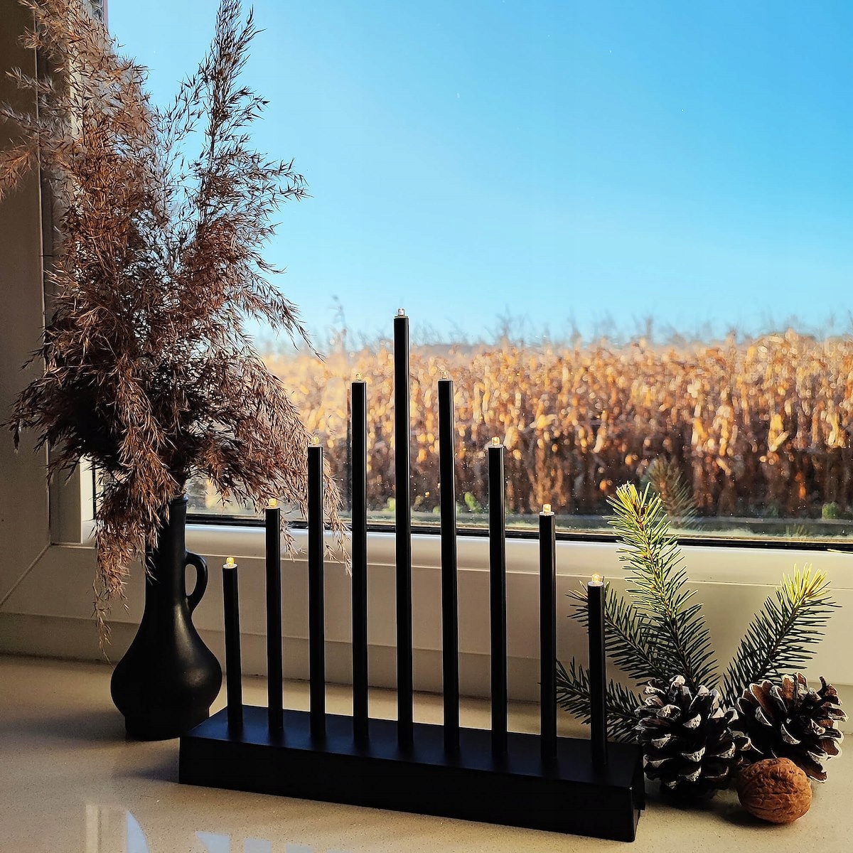 ŚWIECZNIK ADWENTOWY CZARNY LAMPKI NA OKNO ŚWIECE DEKORACJA ŚWIECZKI 9 LED Wysokość produktu 26.5 cm