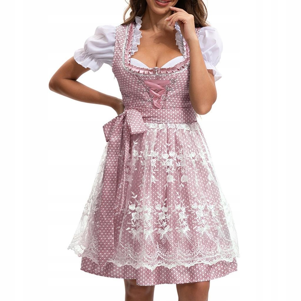 Kostým na párty Oktoberfest Dirndl Růžová šaty bavorská zástěra vel. L