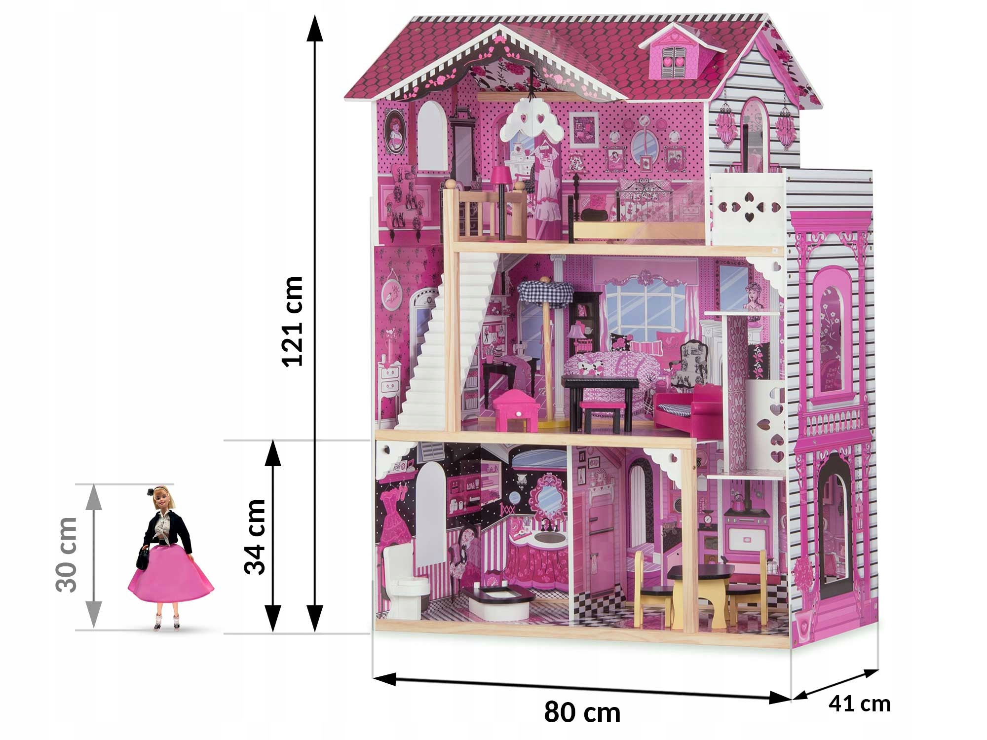 DUŻY DREWNIANY DOMEK DLA LALEK MEBLE + WINDA LED Certyfikaty, opinie, atesty CE EN 71
