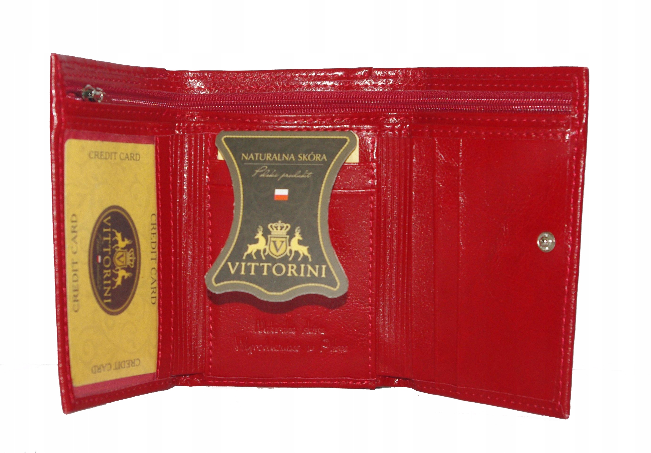 Vittorini damski skórzany portfel czerwony zatrzask Kolor czerwony