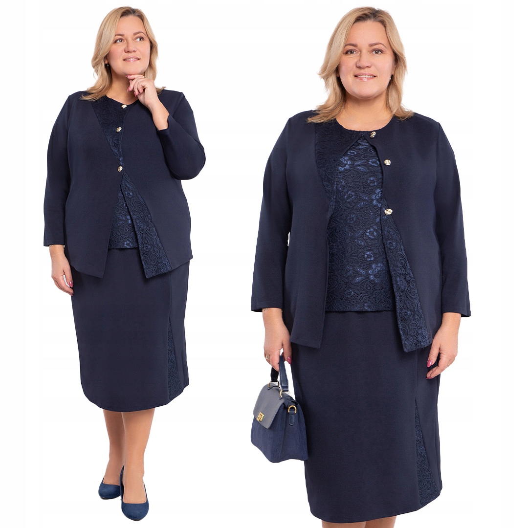 Tmavě modrý komplet s krajkovou halenkou 56/58