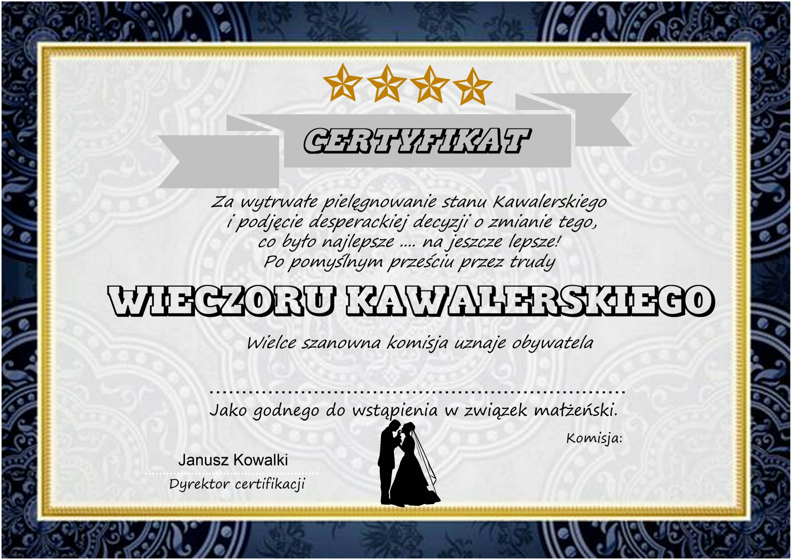 

Certyfikat dyplom na Wieczór Kawalerski