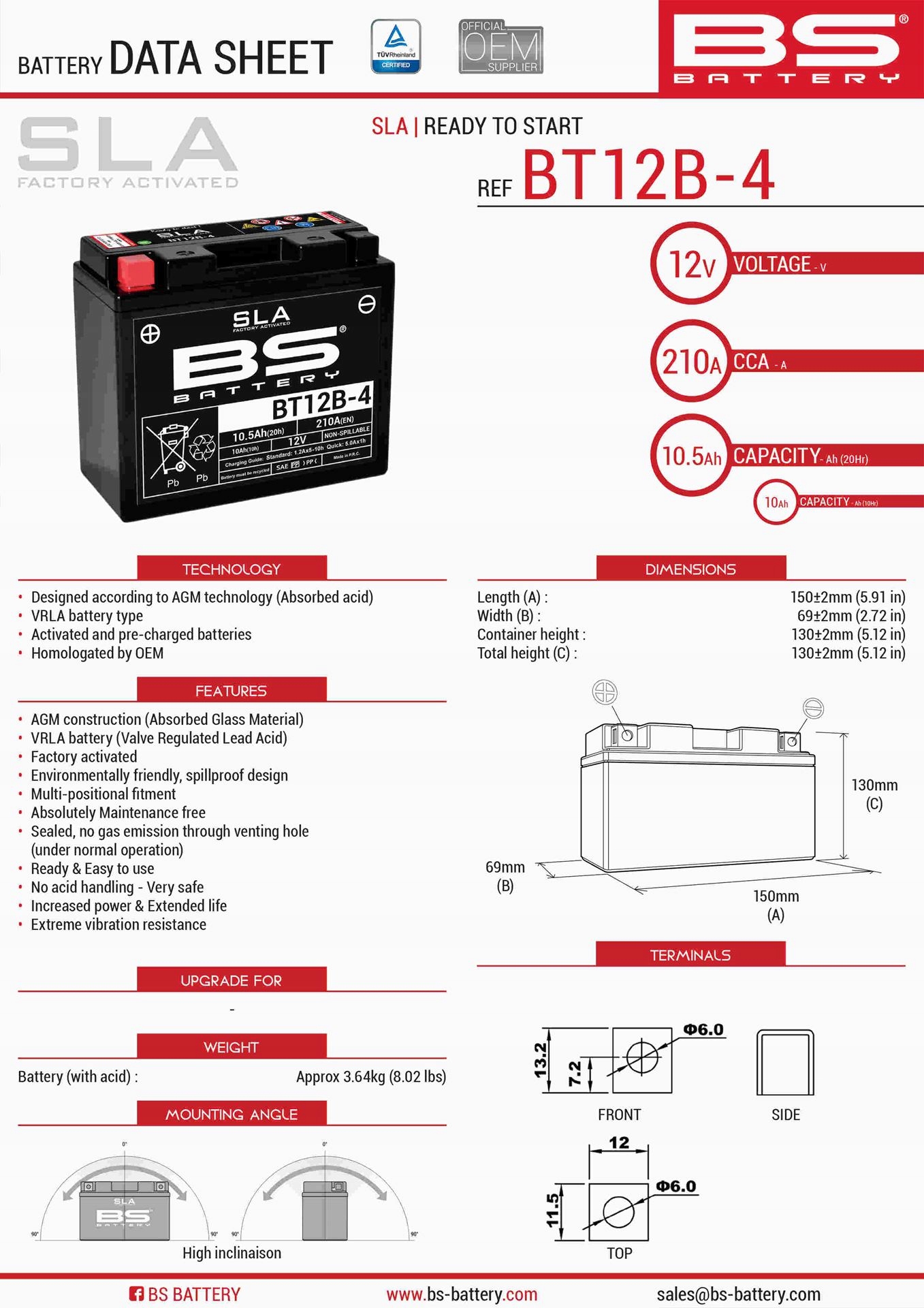 Bs Batéria BT12B-4 (fa) (YT12B-4) 151X70X130 12V 10AH Bezobs Lužný Zal