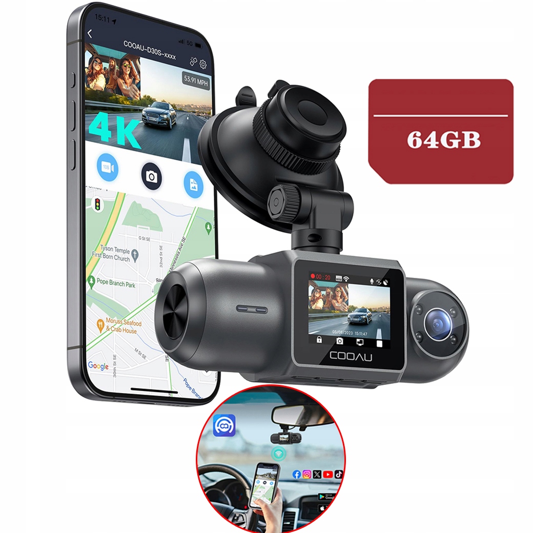 Kamera Automobilová 4K Wifi Zpětná Gps Aplikace 64GB Karta Noční Vidění