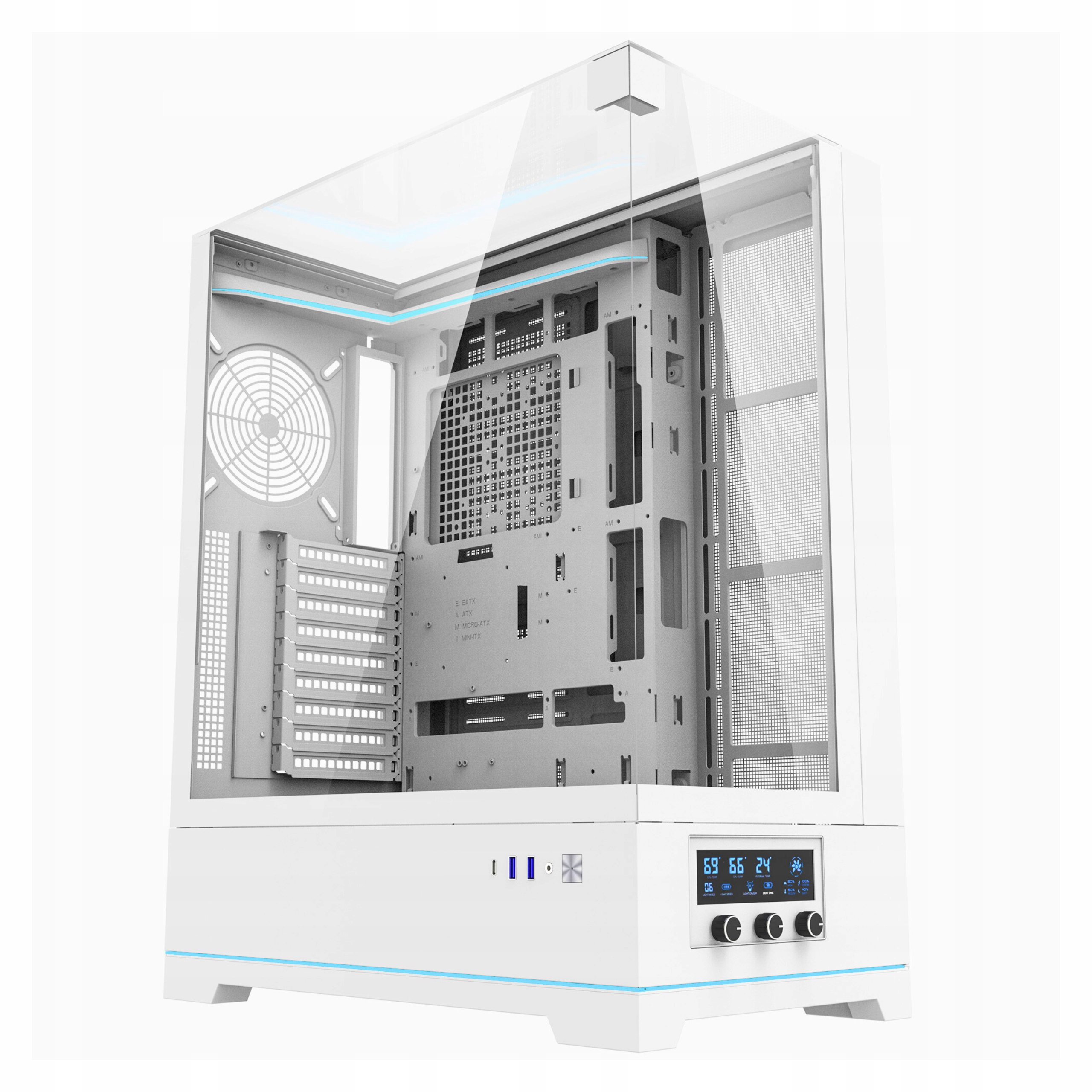 Herní počítačová Skříň darkFlash DY450L bílá, velká věž, skleněná, Usb C