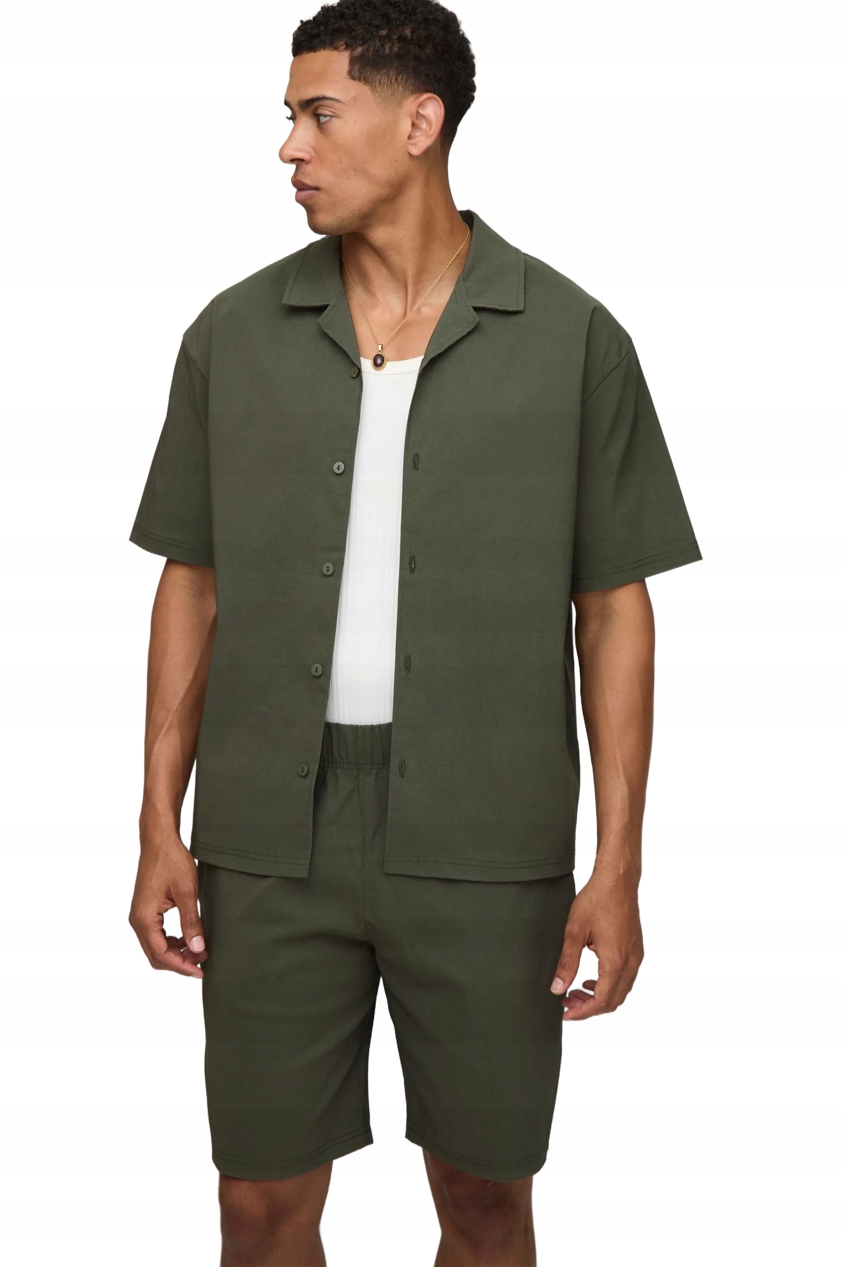 Boohooman Pánský Komplet Košile A Kraťasy Khaki Bez Vzoru M Z3A