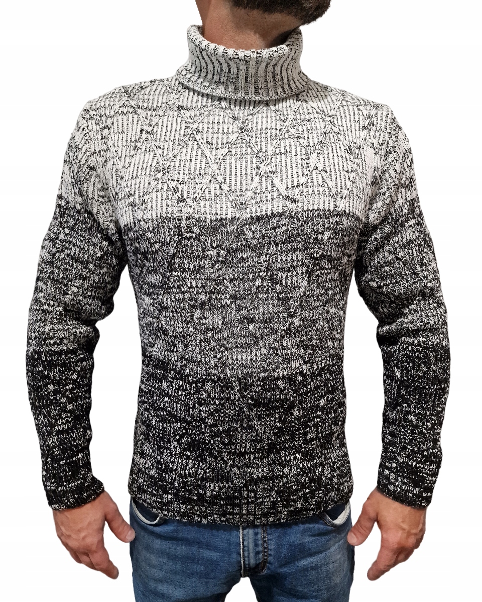 Tlustý Rolák Teplý Pánský Svetr Ombre Romby Melír Černý XL