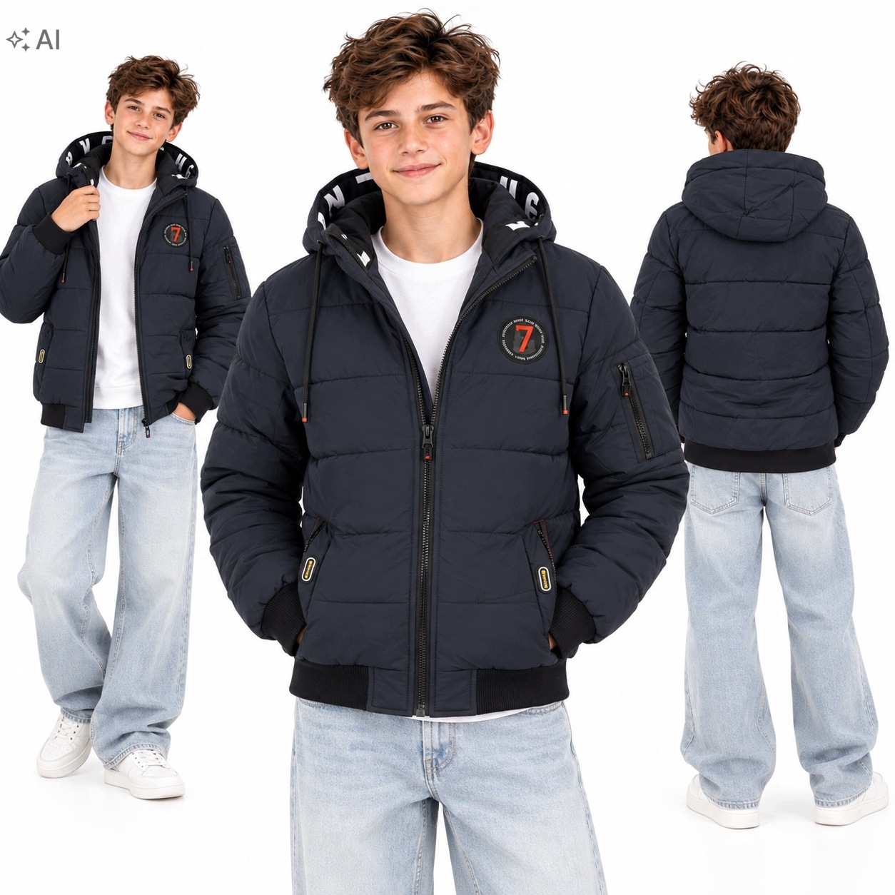 ZKZ007 Kurtka zimowa chłopięca pikowana bomber z kapturem Dark Navy roz 170