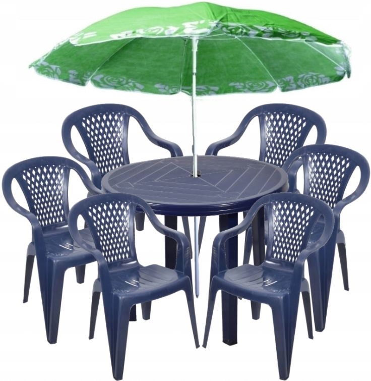 

Zestaw Plastikowy 6+1 Krzesła Stół Parasol Granat