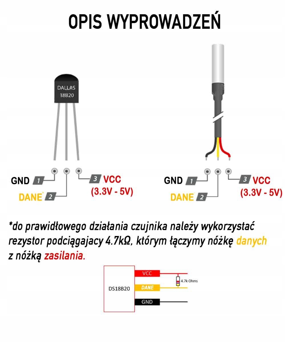 Czujnik temperatury DS18B20 wodoodporny 5m sonda cyfrowa Dallas Rodzaj czujnika temperatury
