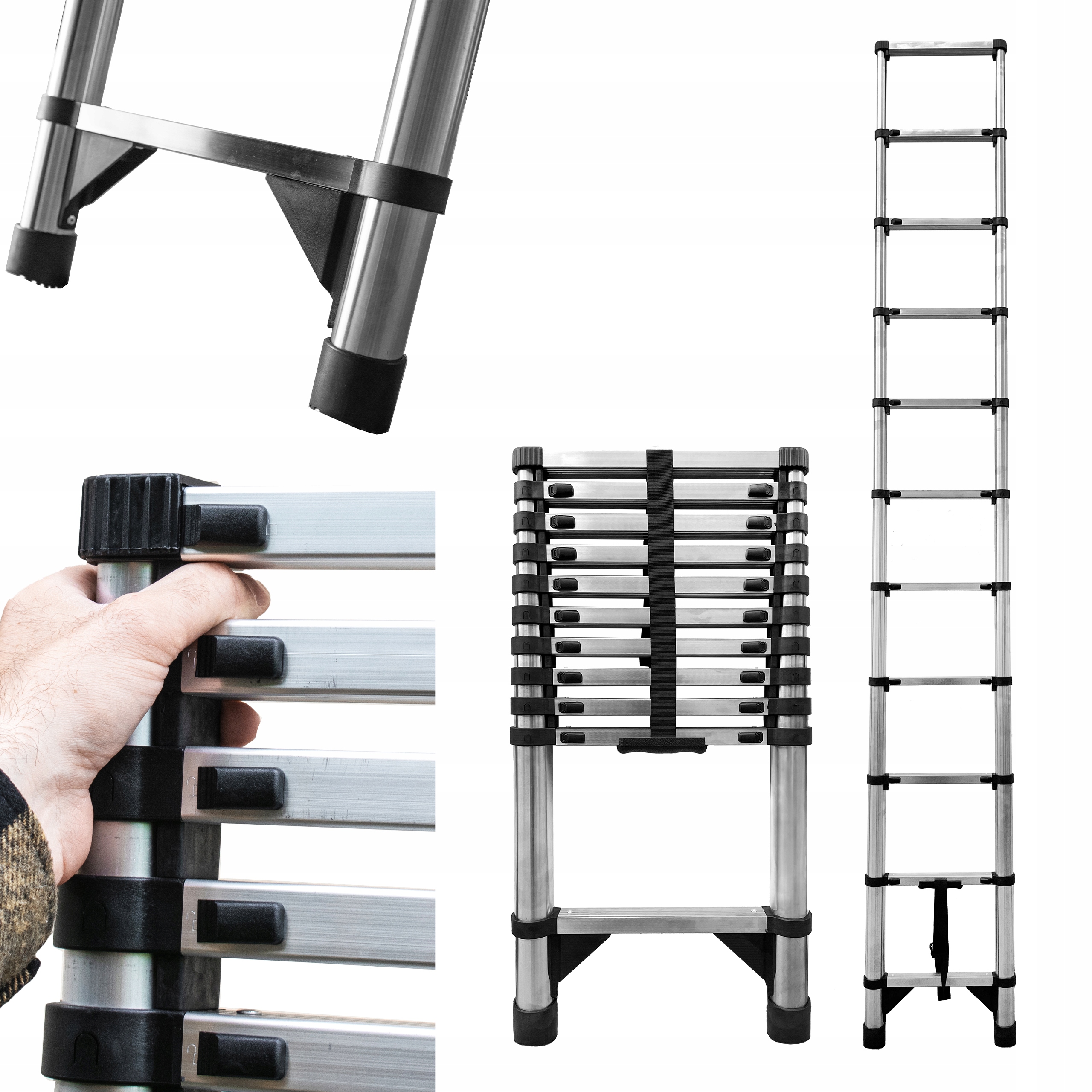 Teleskopická rebríková tyč 11 stupňov, skladacia, protišmyková, 3,2 m