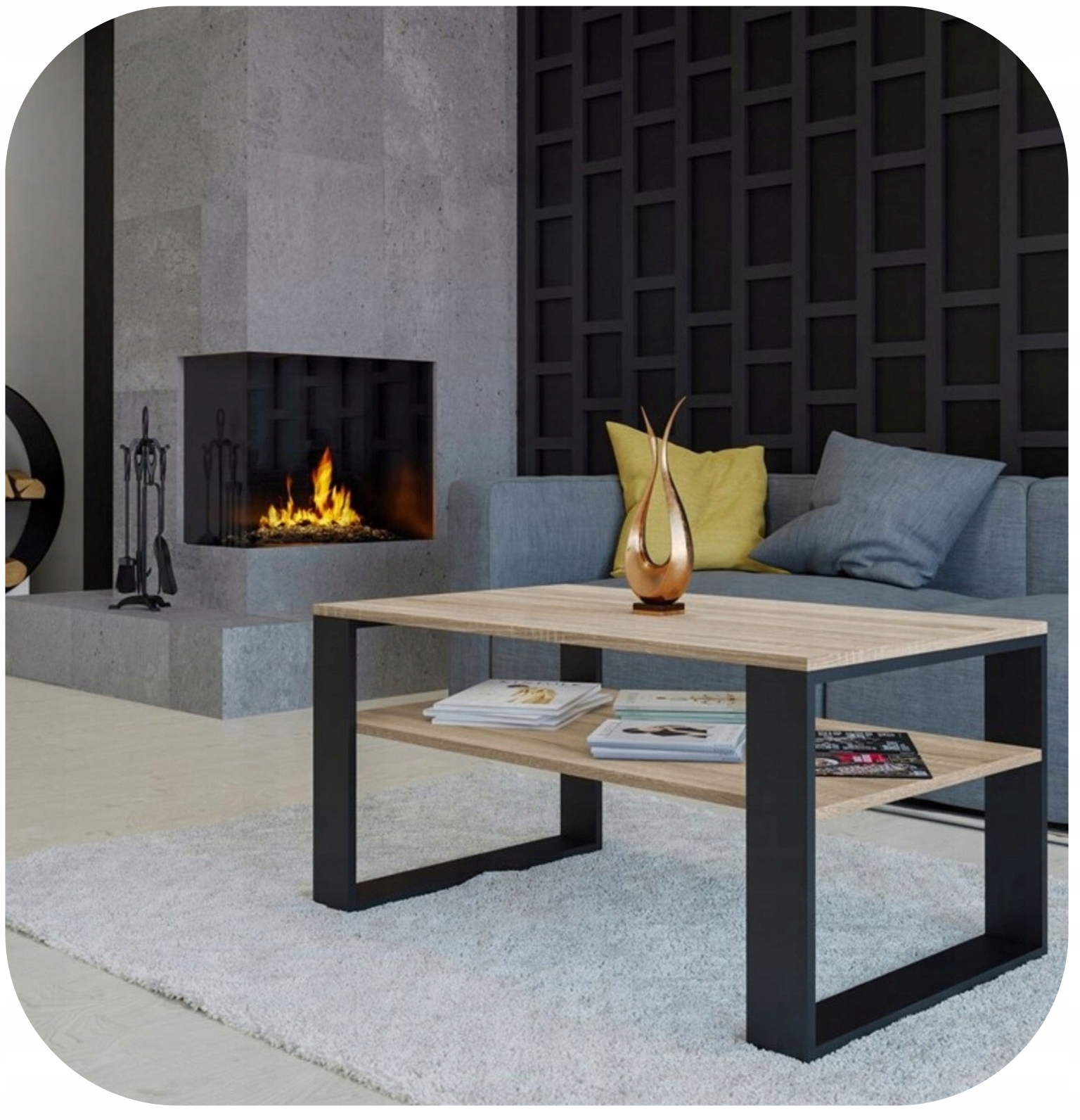 STOLIK KAWOWY ŁAWA MODERN PÓŁKI LOFT Kolor mebla czarny dąb sonoma