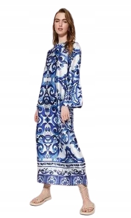 Trendyol Bílo Modré Šaty S Dlouhým Rukávem A Rostlinným Potiskem 38 5AB