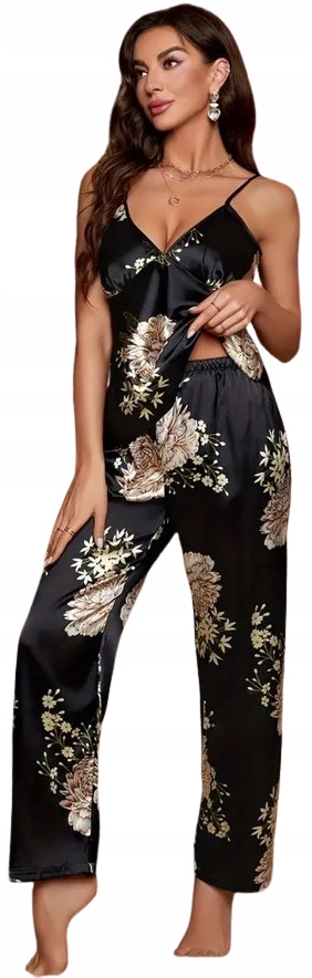 Elegantní Černé Pyžamo Ze Saténu Květiny Saténové Pyžamo S