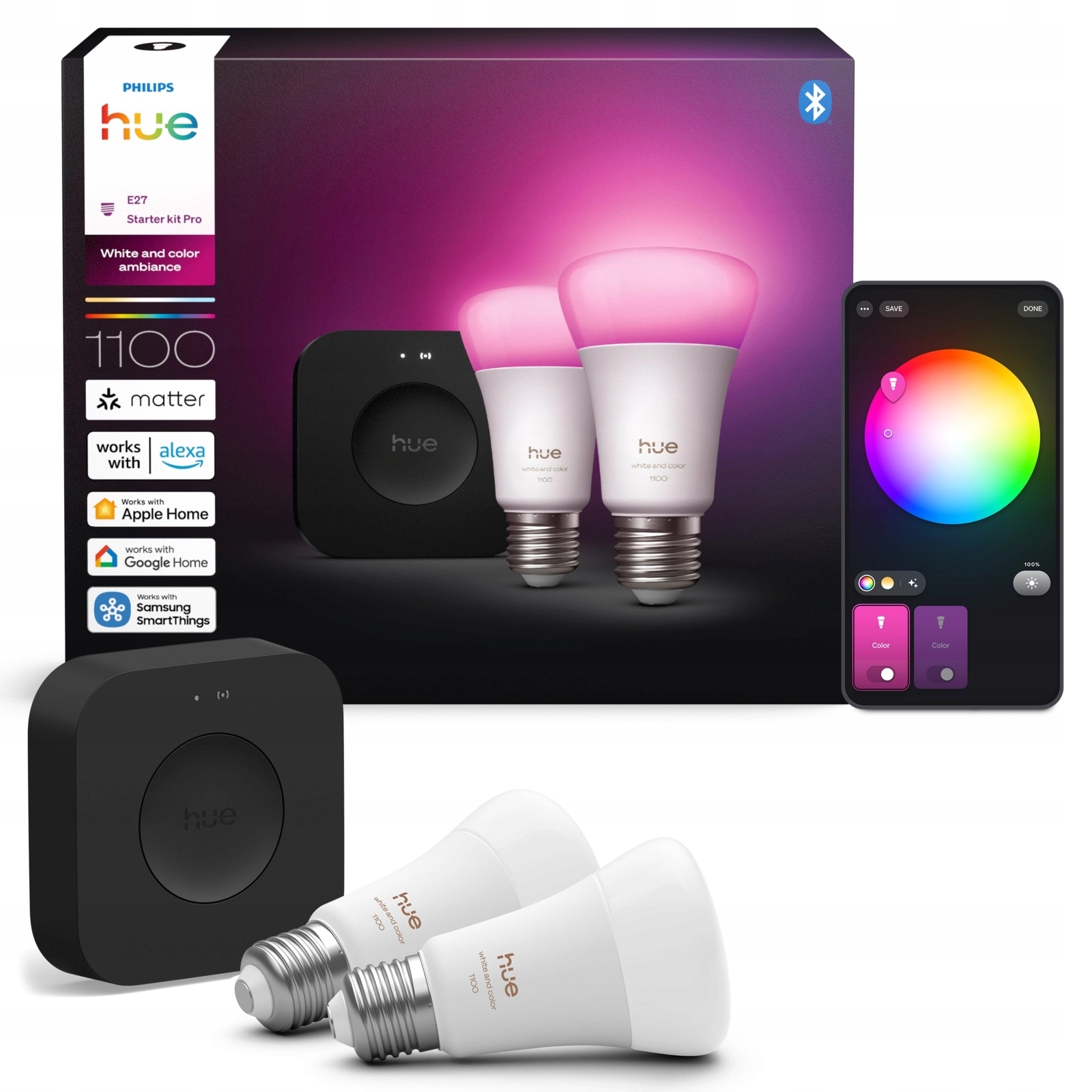 2x Led žiarovka E27 8.1W 1100lm Rgb Smart mostík Bridge Pro Philips Hue