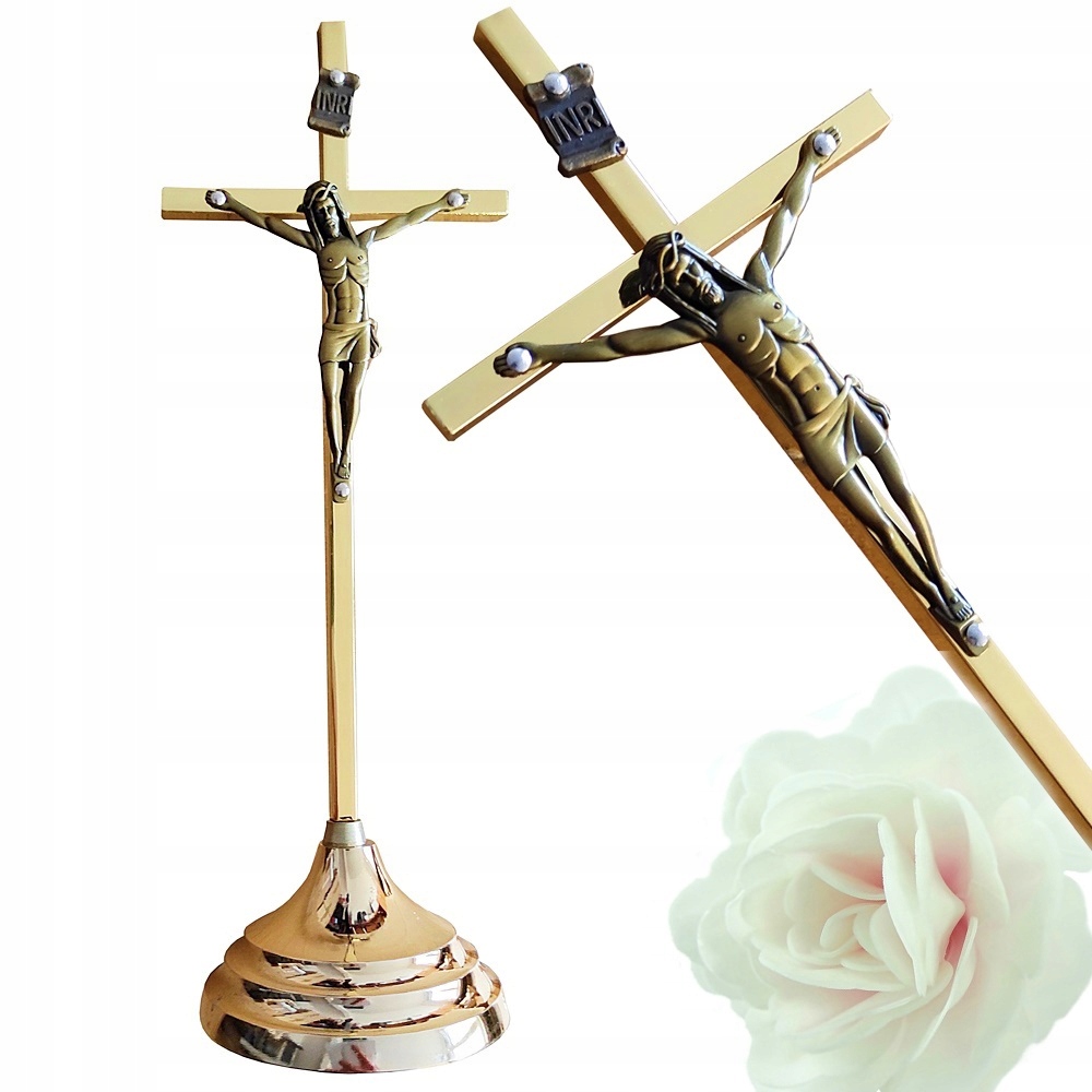 

Krzyż Metalowy Prosty Złoty Stojący 22 CM