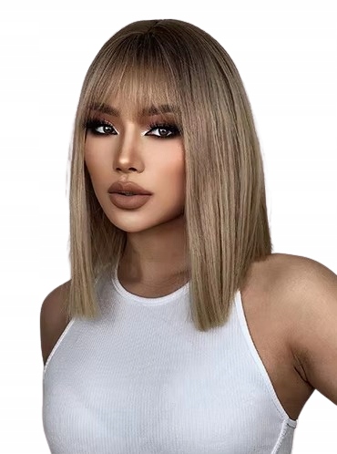 Peruka damska ombre blond z grzywką prosty dłuższy bob syntetyczna półdługa